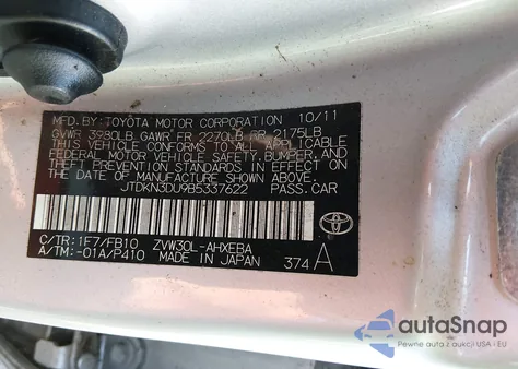 2011 Toyota Prius Two z USA, uszkodzony, nr VIN JTDKN3DU9B5337622